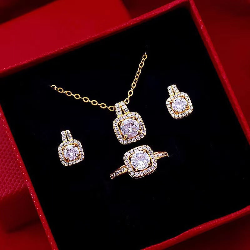 Gold Zircon Jewelry Set with Choker Necklace, Studs and Ring