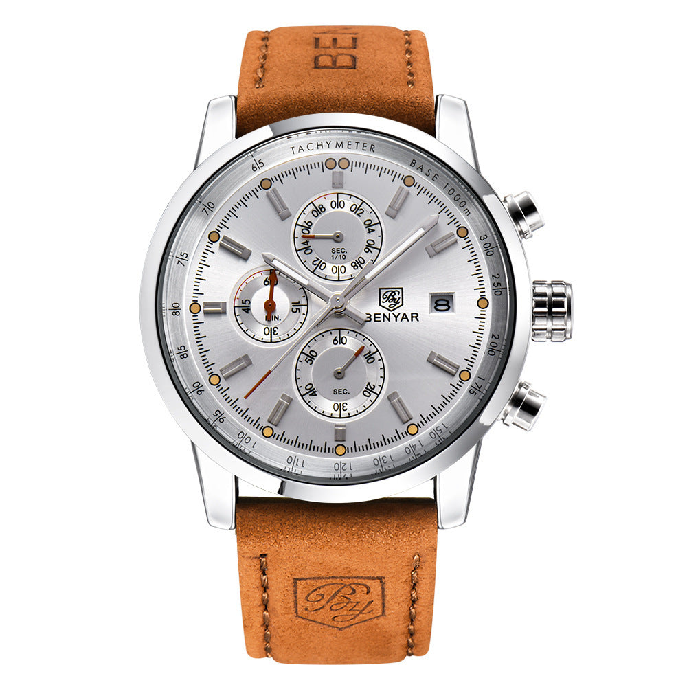 Men's watch with gray dial and brown leather strap