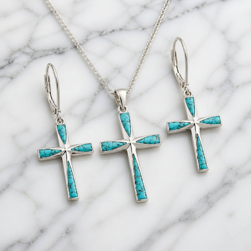 Turquoise Cross Earrings &amp; Necklace Set