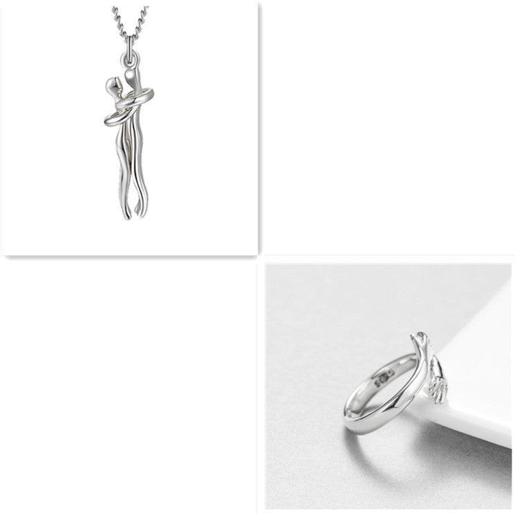 Hug Necklace for Couples, Two Little Figures in a Sweet Embrace