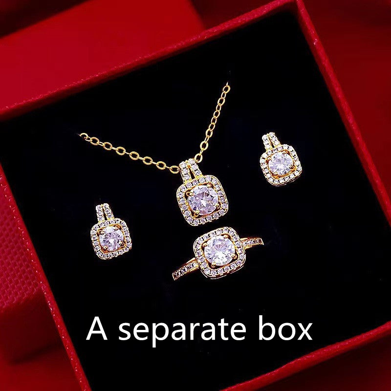 Gold Zircon Jewelry Set with Choker Necklace, Studs and Ring