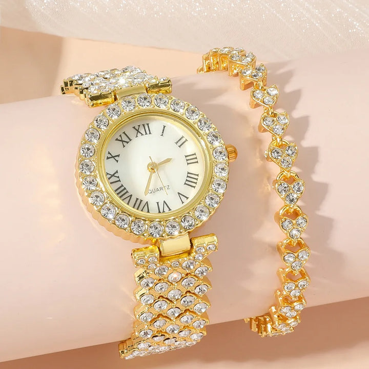 Gold rhinestone bracelet watch with jewelry set