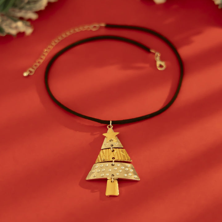 Christmas tree enamel pendant necklace on black cord