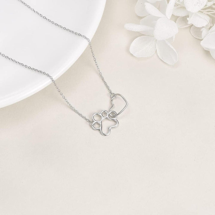 Silver Heart Paw Pendant Necklace