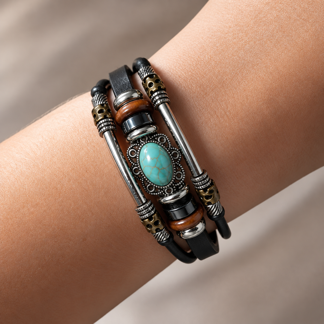 Vintage Turquoise Stone Leather Bracelet