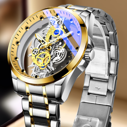 Men's gold skeleton quartz watch with see-through dial