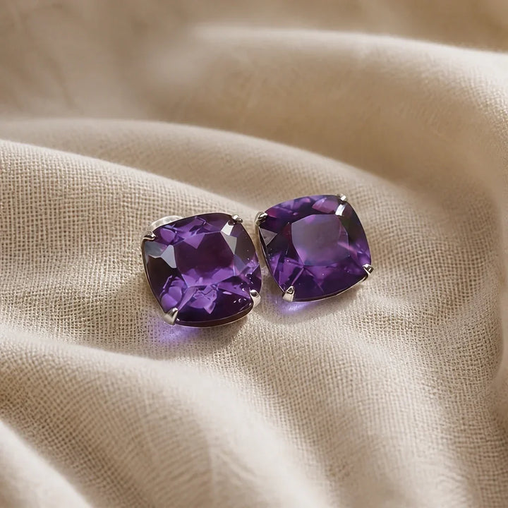 Amethyst Checkerboard Stud Earrings