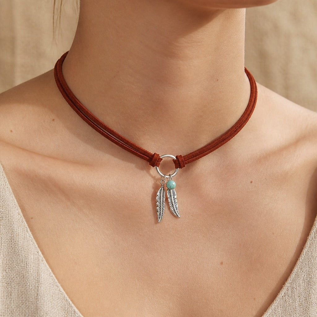 Feather &amp; Bead Pendant Choker Necklace