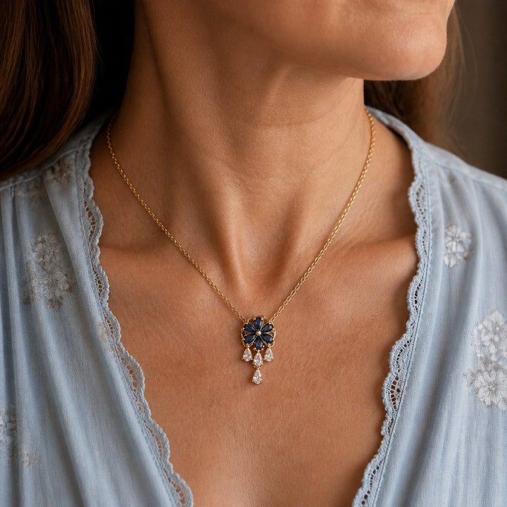 Floral Blue Tassel Pendant Necklace
