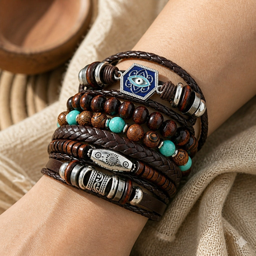 Layered Charm Leather Bracelet Set