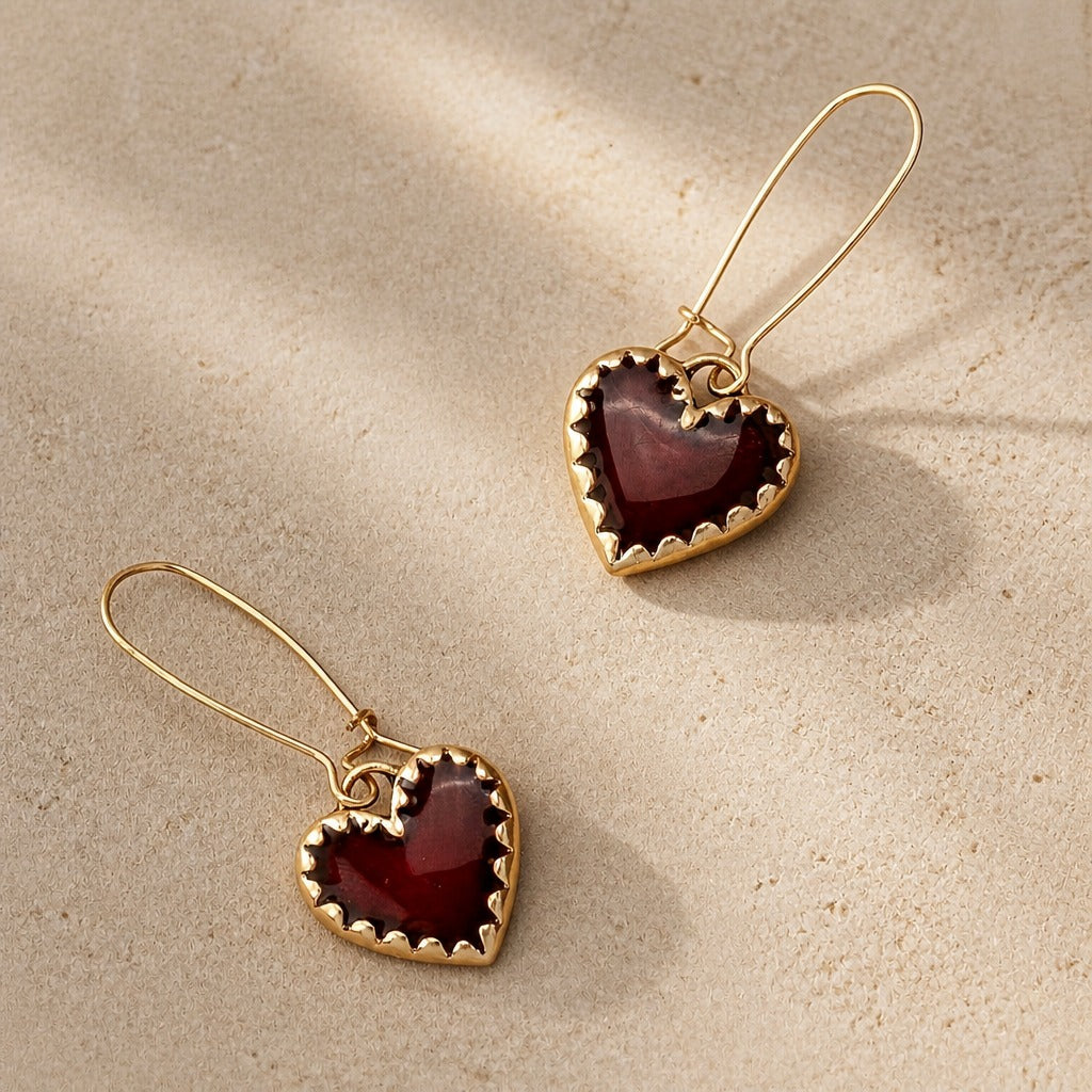 Red Heard Dangle Gold Earrings
