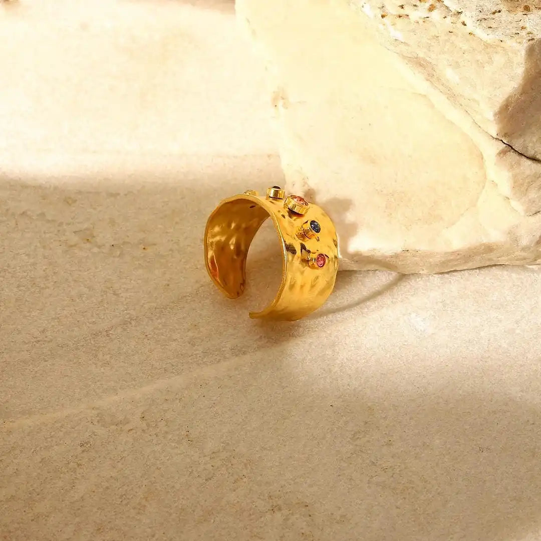 Adjustable Hammered Wide Rainbow Crystal Ring