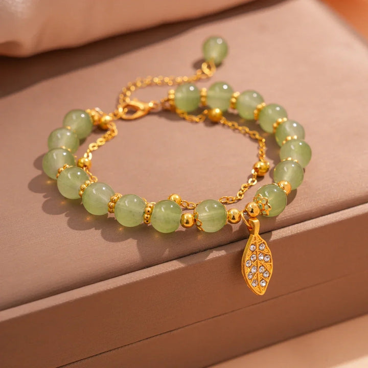 Leaf Charm Jade Beaded Bracelet