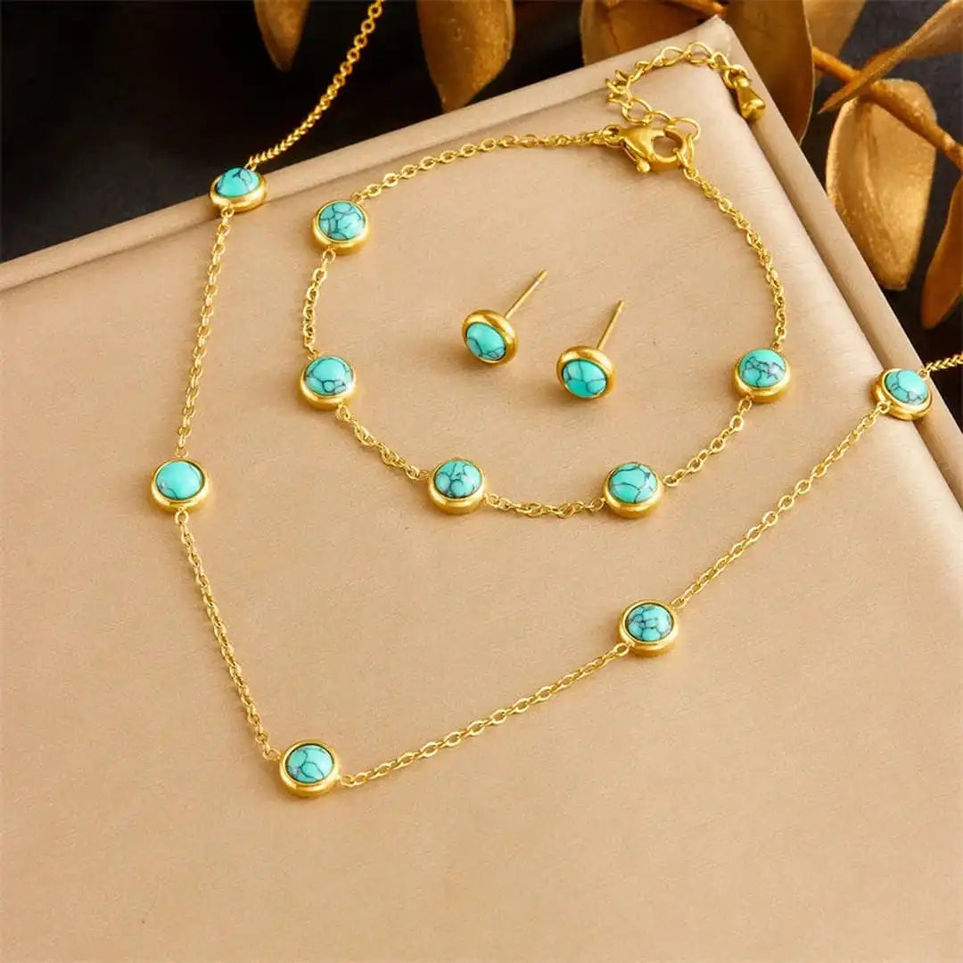 Bohemian Silver Turquoise Necklace, Earrings &amp; Bracelet Set