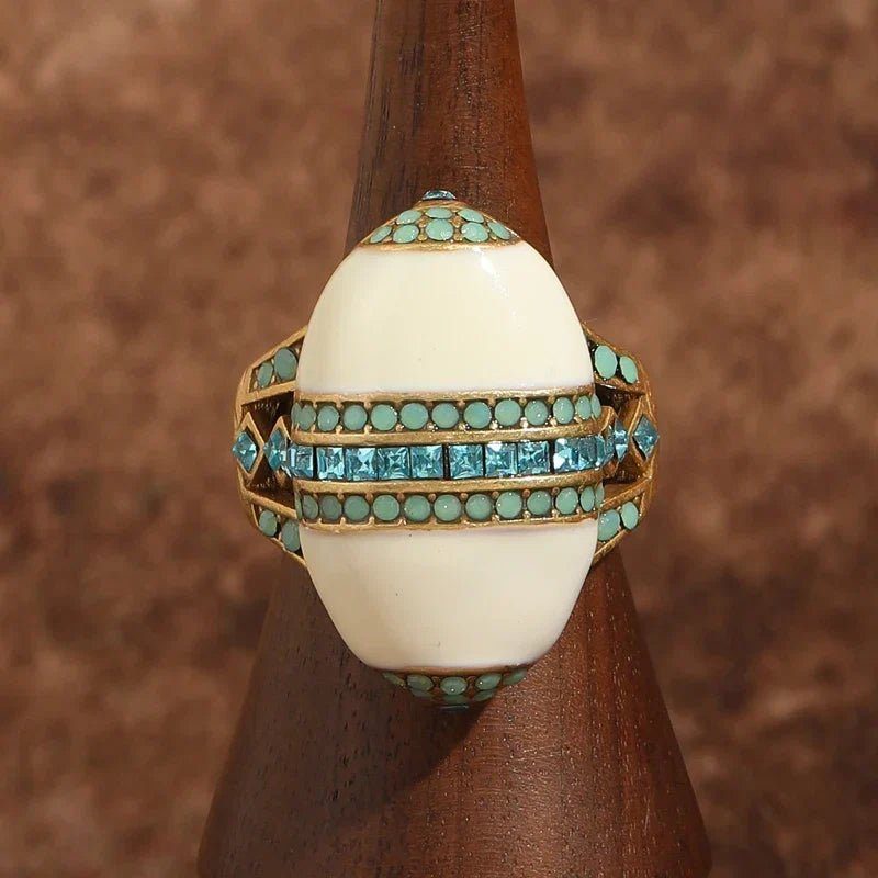 White Enamel Opal Ring