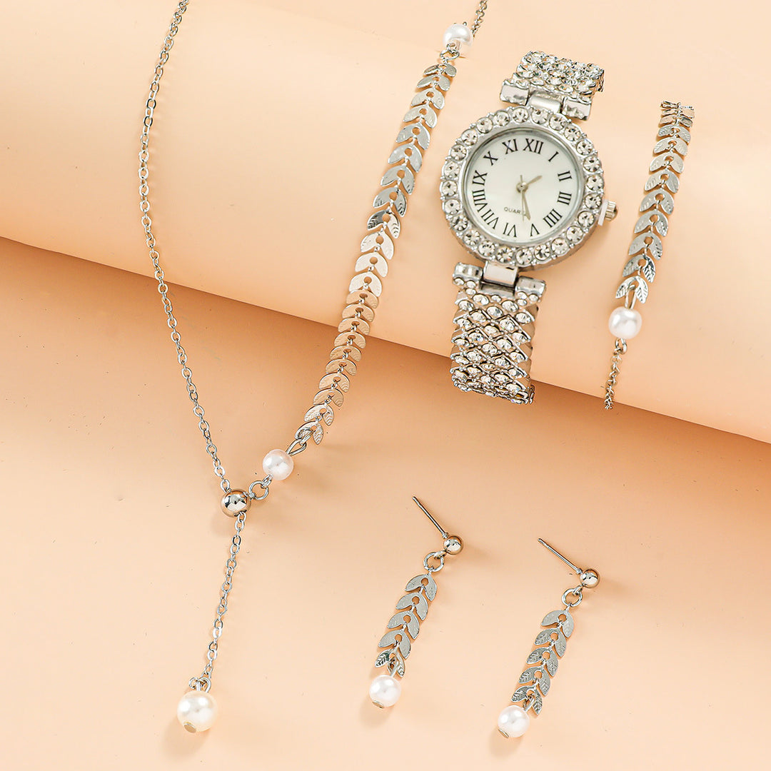 Gold rhinestone bracelet watch with jewelry set