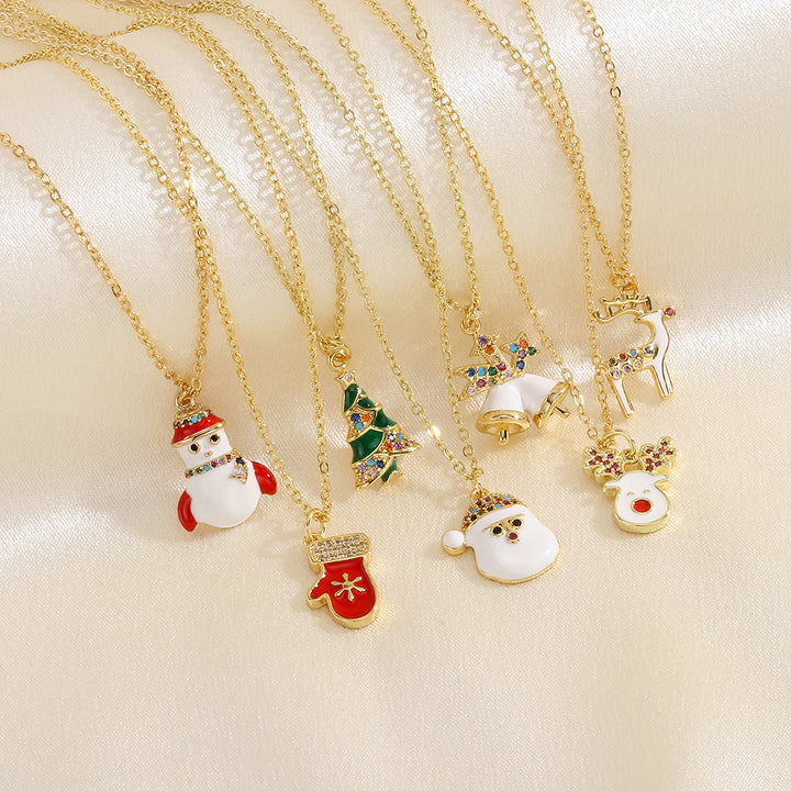 Gold enamel Christmas charm necklace with rhinestones