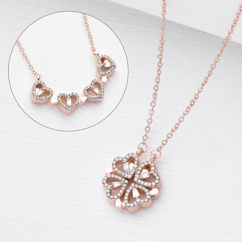 Magnetic Folding Heart Four Leaf Clover Necklace, 2 Ways to Wear