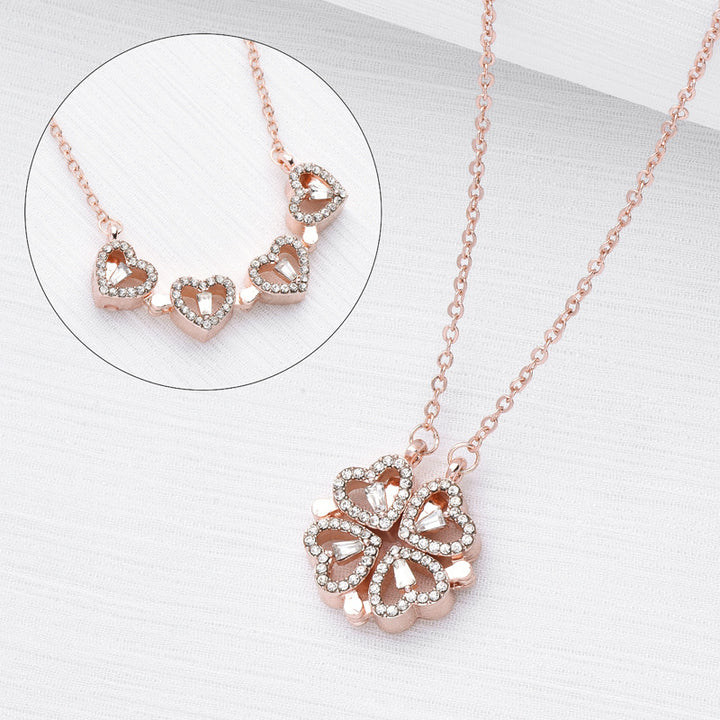 Magnetic Folding Heart Four Leaf Clover Necklace, 2 Ways to Wear