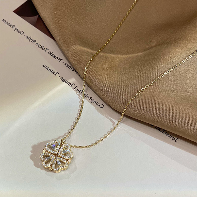 Magnetic Folding Heart Four Leaf Clover Necklace, 2 Ways to Wear