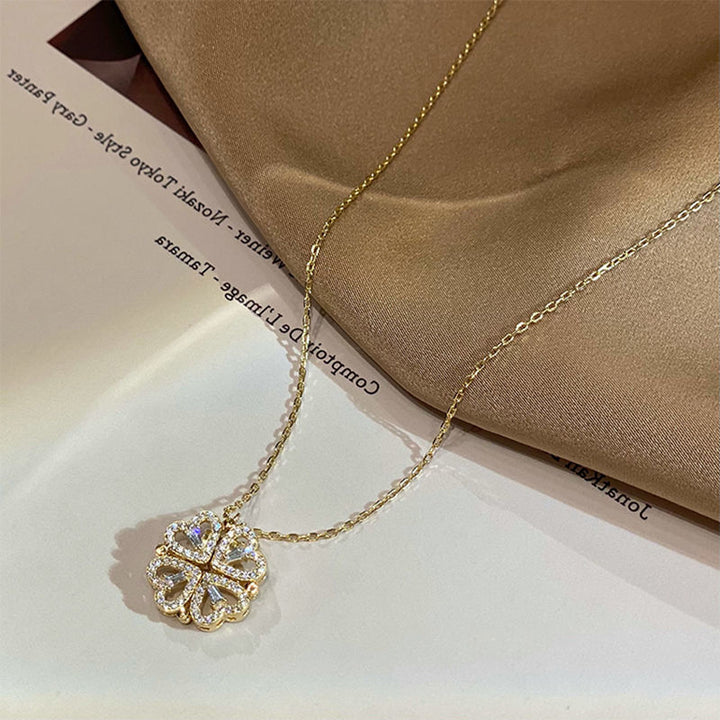 Magnetic Folding Heart Four Leaf Clover Necklace, 2 Ways to Wear