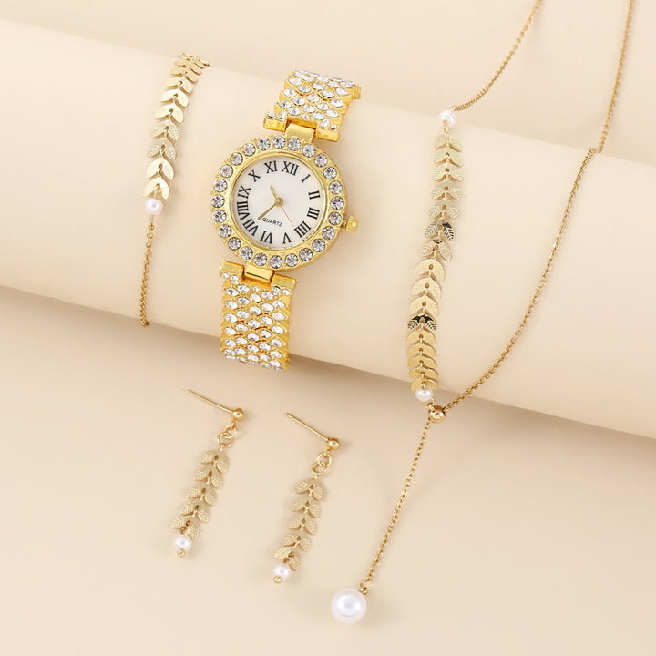 Gold rhinestone bracelet watch with jewelry set