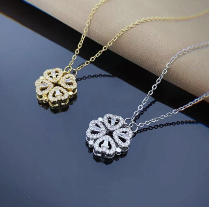Magnetic Folding Heart Four Leaf Clover Necklace, 2 Ways to Wear