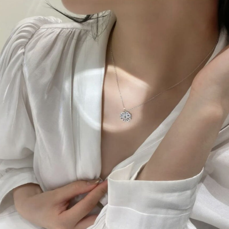 Magnetic Folding Heart Four Leaf Clover Necklace, 2 Ways to Wear