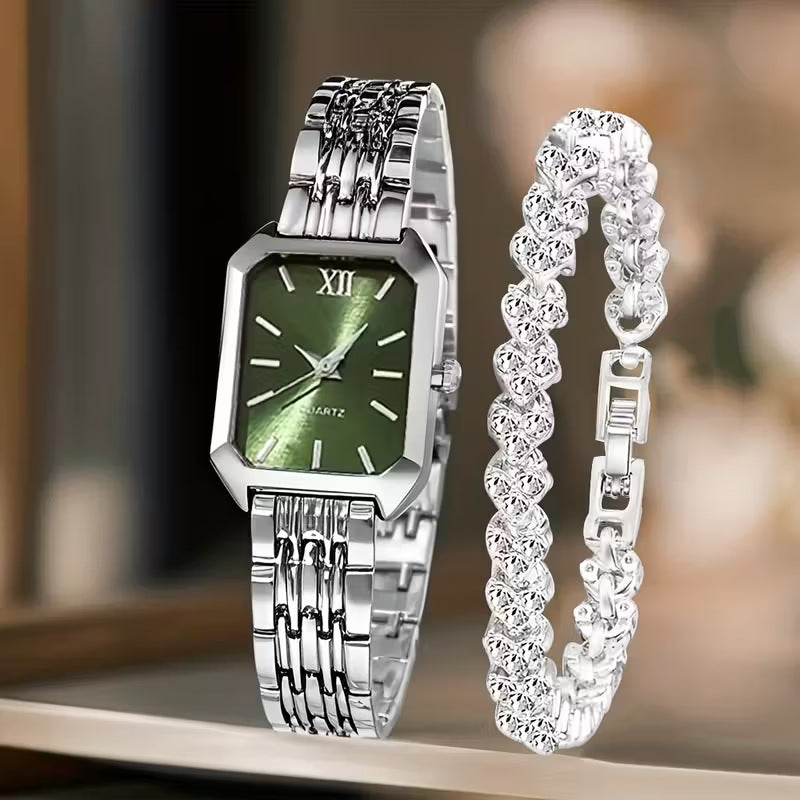 Women's Square Quartz Watch and Bracelet Set, 8 mm Slim