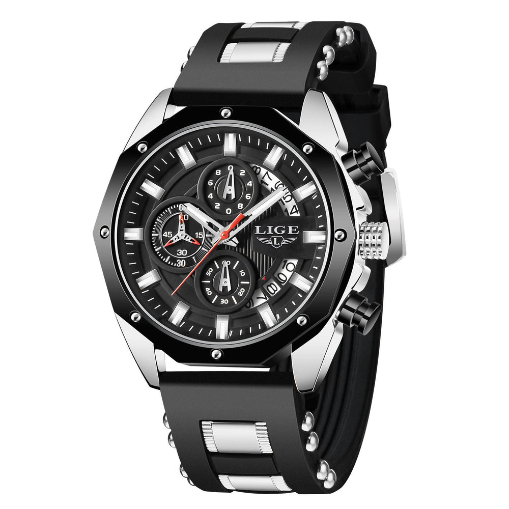 Men's black sports watch with gold accents