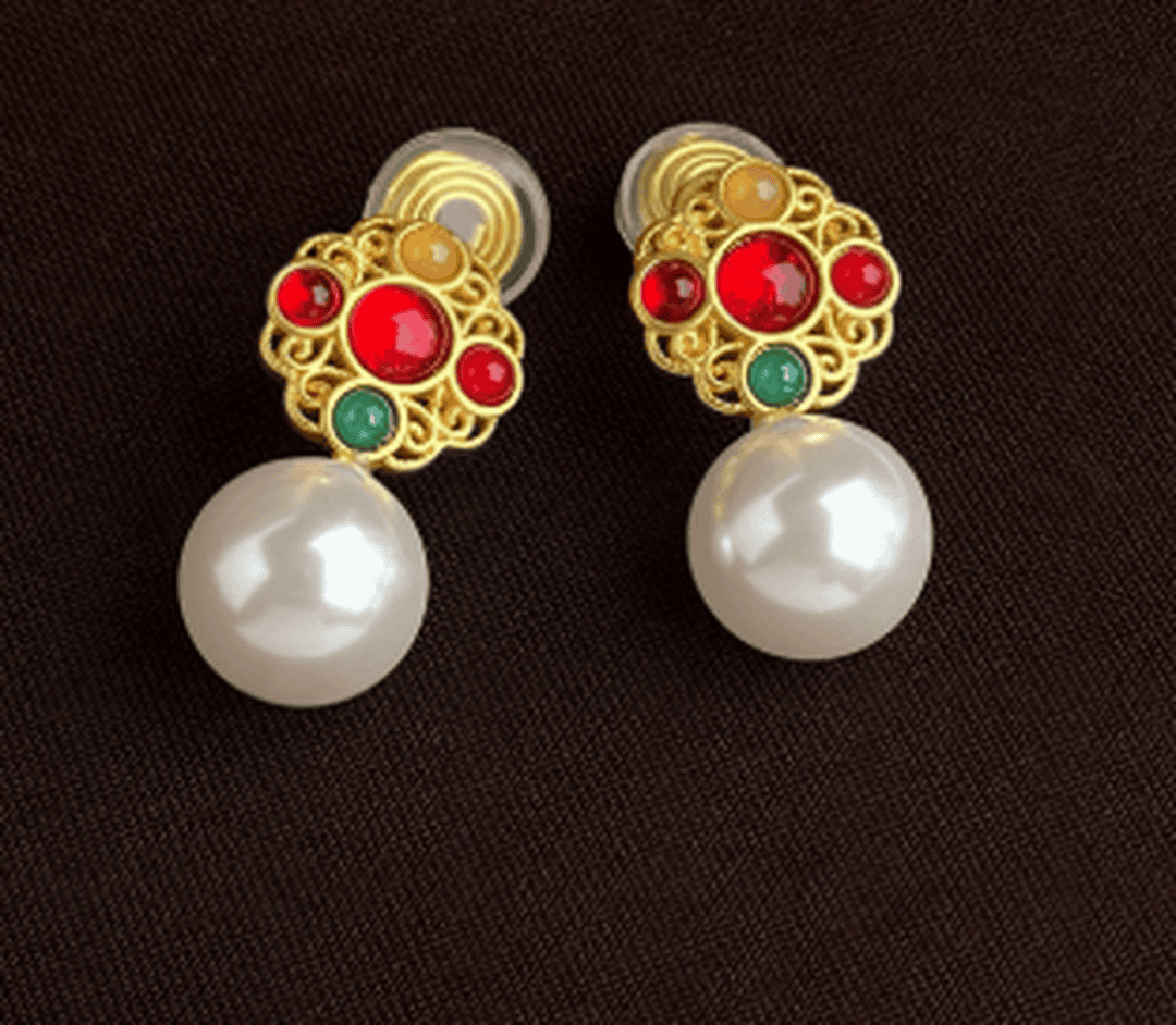 Geometric Red color Stone Pearls Earrings