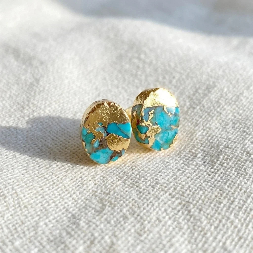 Gold Turquoise Line Oval Earrings